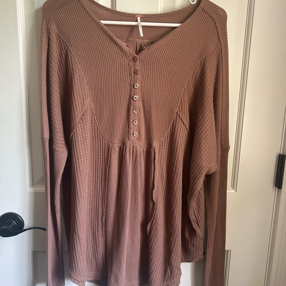 Free People Tan Textured Button Blouse